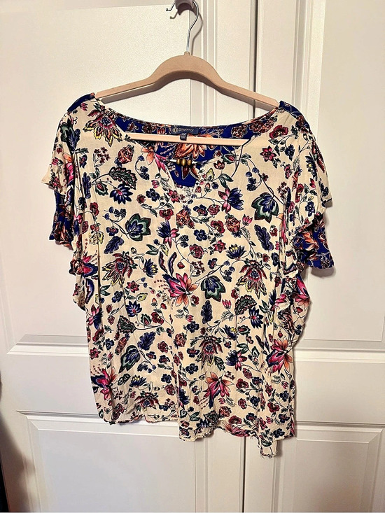 Democracy Tops - Democracy Floral Blouse in Blue & Cream Size XL